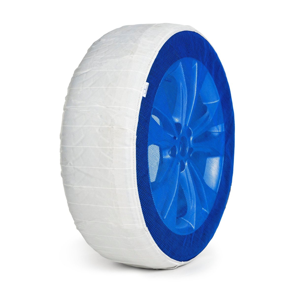 Seitenansicht einer auf einem Rad montierten SnowGecko textile Schneekette mit Aussenstoff, Bändern und Frontgewebe
