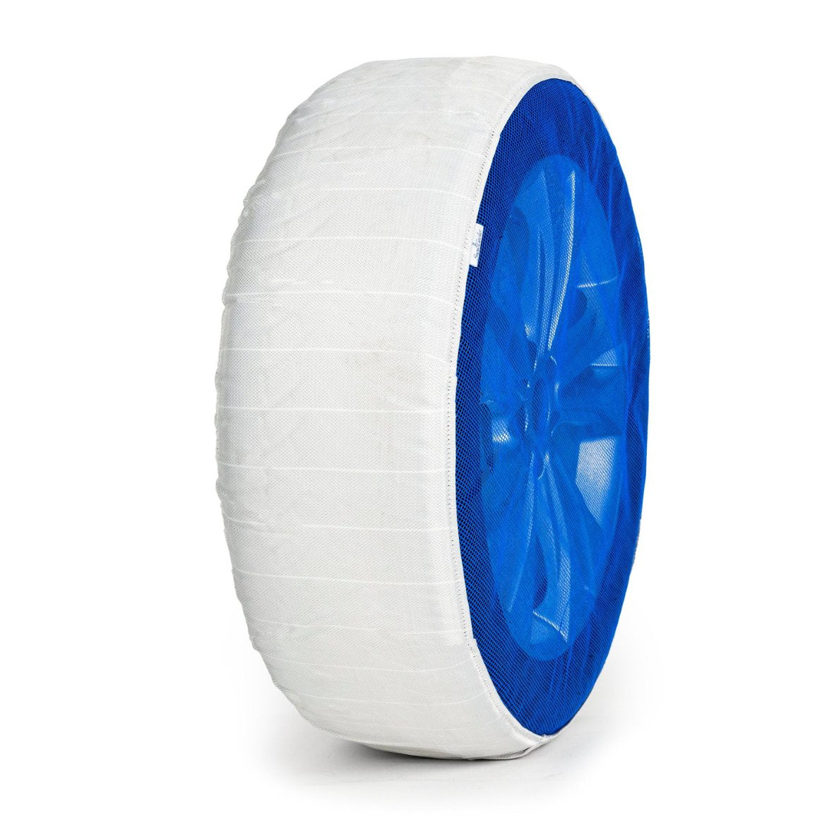 Seitenansicht einer auf einem Rad montierten SnowGecko textile Schneekette mit Aussenstoff, Kontaktstoff, Bändern und Frontgewebe