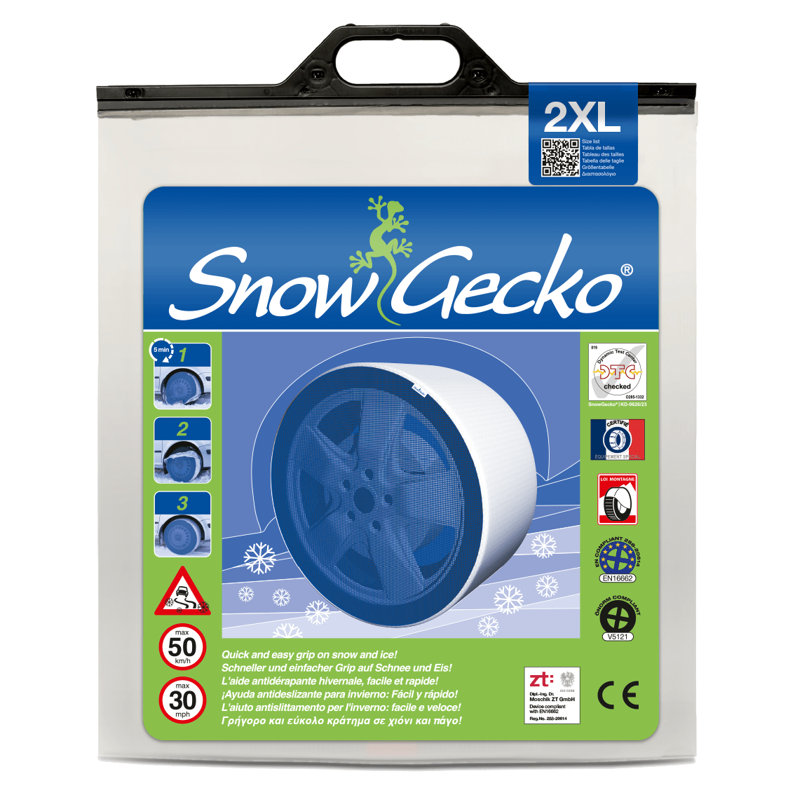 Produktverpackung von SnowGecko 2XL für PKW und leichte Nutzfahrzeuge (Vorderseite)