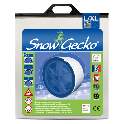 Produktverpackung von SnowGecko L/XL für PKW und leichte Nutzfahrzeuge (Vorderseite)