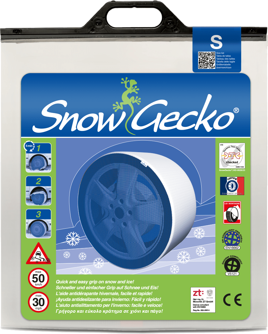 Produktverpackung von SnowGecko S für PKW und leichte Nutzfahrzeuge (Vorderseite)